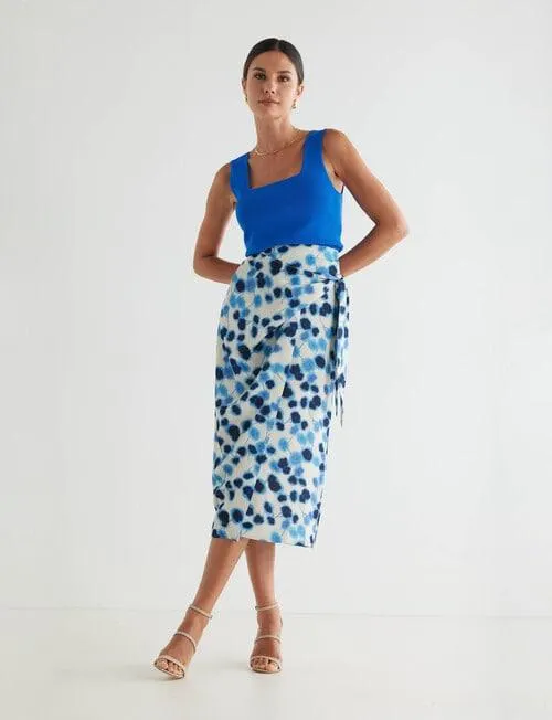 Whistle Printed Tie Side Wrap Skirt, Azure