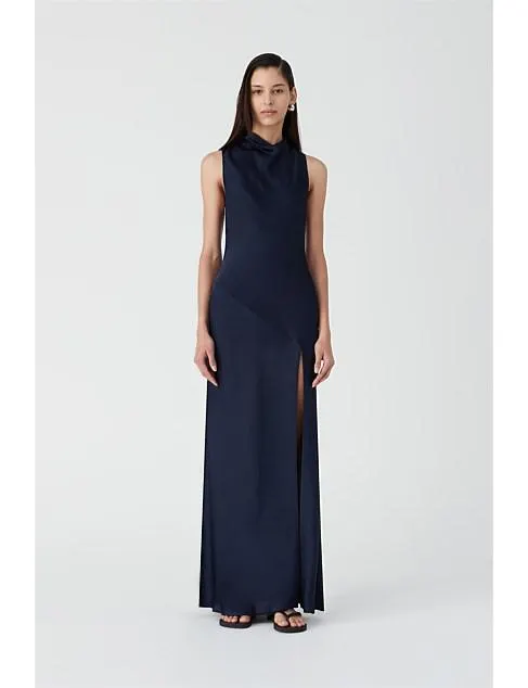 NYA HIGH NECK SILK MAXI DRESS NAVY