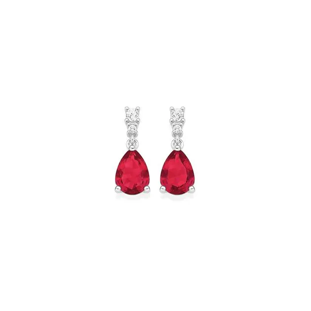 Silver Pear Red Glass & CZ Drop Studs