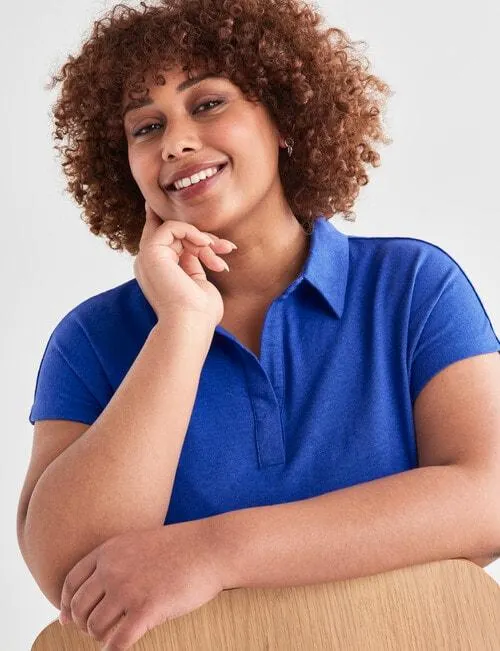 Studio Curve Linen Blend Collar Tee, Cobalt