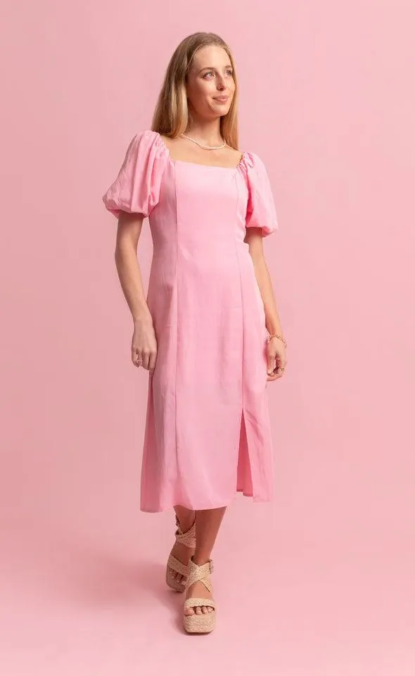Linen Blend Square Neck Midi Dress
