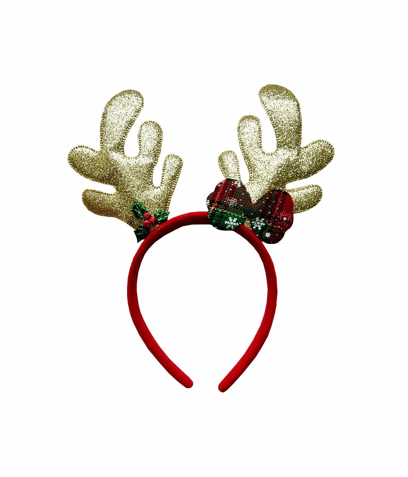 Gold Reindeer Glitter Antler With Red Bow Headband