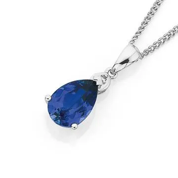 9ct White Gold, Created Ceylon Sapphire & Diamond Pendant