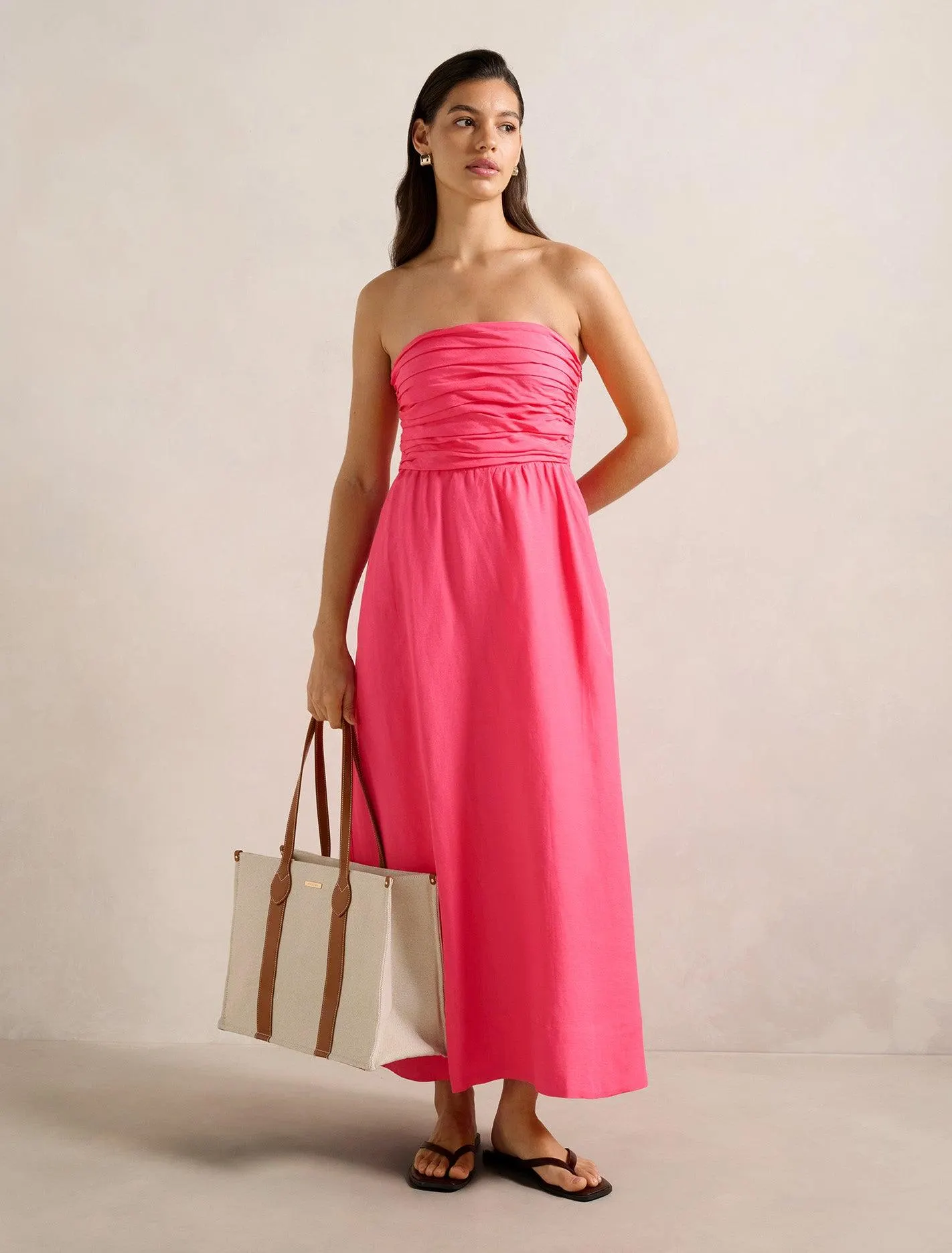 Matisse Ruched Strapless Linen Midi Dress