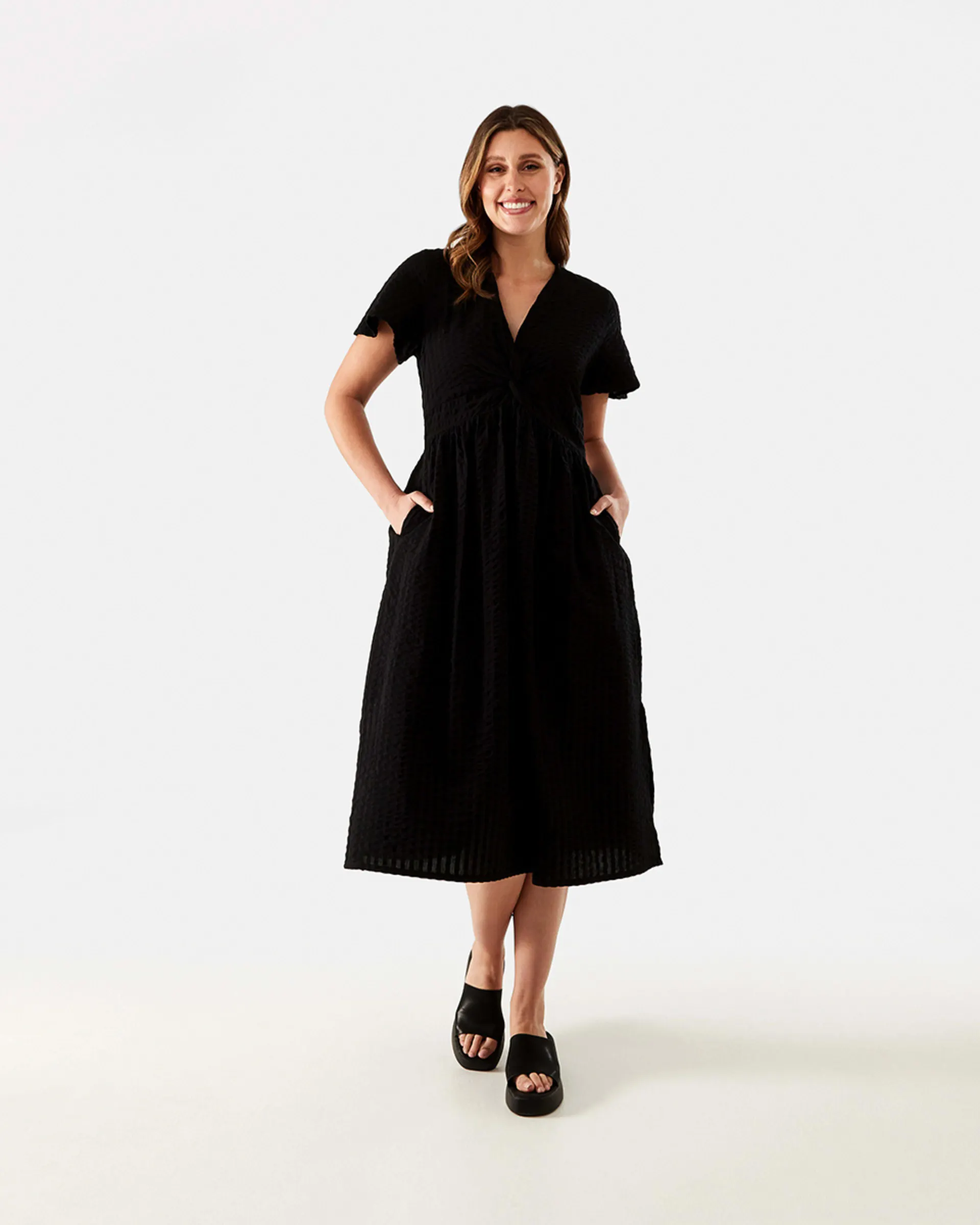 Short Sleeve Twist Front Midi Dress