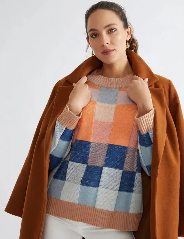 Katies Long Sleeve Mock Neck Colourblock Knitted Jumper