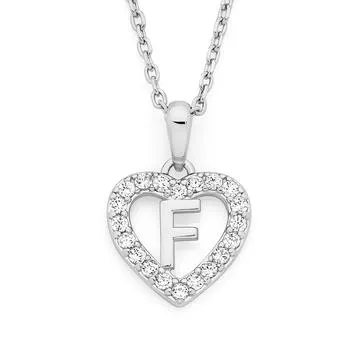 Silver Initial F in CZ Heart Pendant