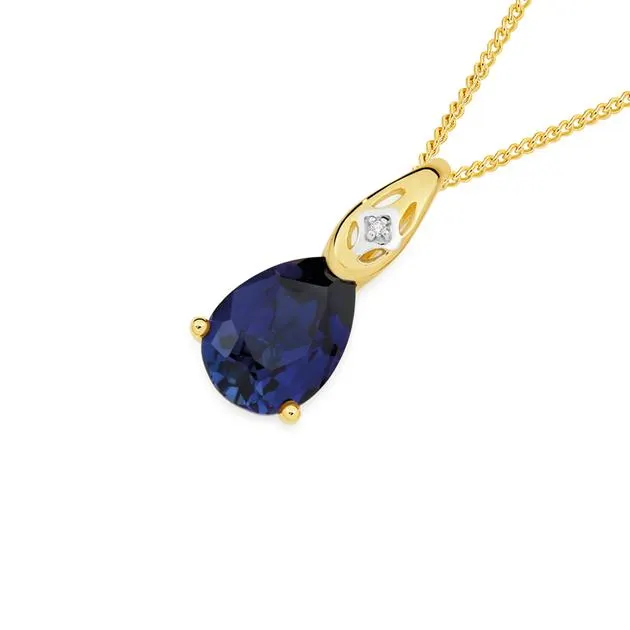 9ct Gold Created Sapphire & Diamond Pendant