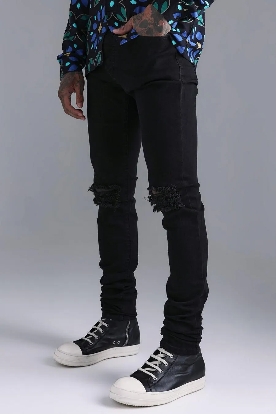 Skinny Stretch Stacked Ripped Knee Jeans