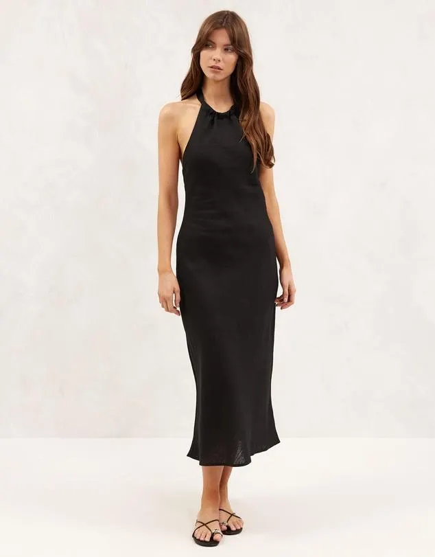 Bias Cut Linen Halter Dress