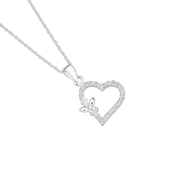 Silver Flutter CZ  Open Heart With Butterfly Pendant