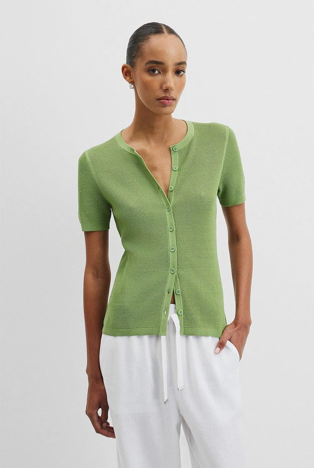 Waffle Short Sleeve Button Knit