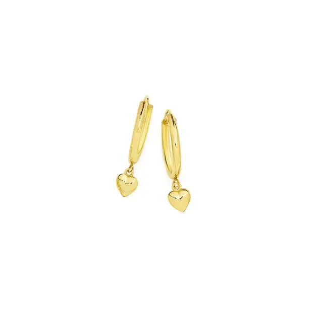 9ct, 1.5x10mm Hoop Earrings With Heart Drop