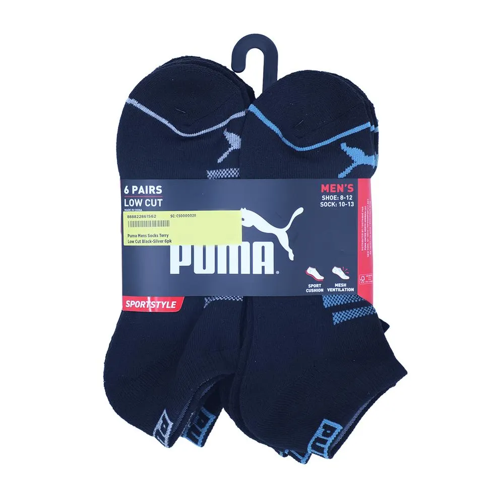 Puma Mens Socks Terry Low Cut Black-Silver 6pk