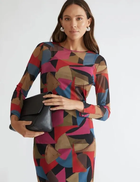 Katies Long Sleeved Body Con Mesh Dress With Lining