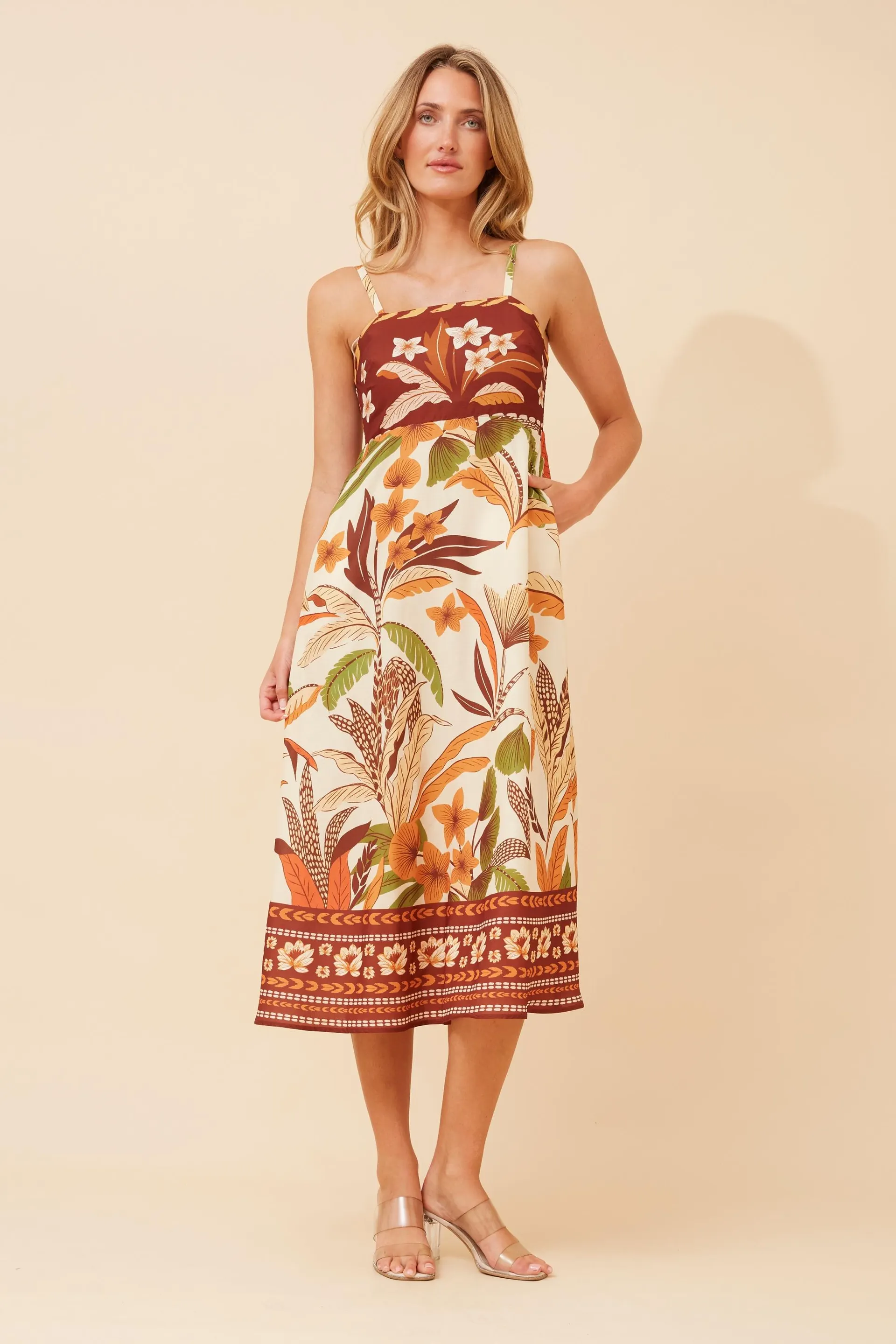 JAVAN BORDER PRINT MIDI DRESS