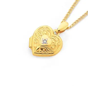 9ct, 12mm Diamond-set Filigree Heart Locket