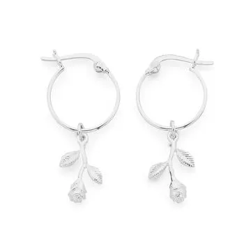 Sterling Silver Dangling Rose Hoops
