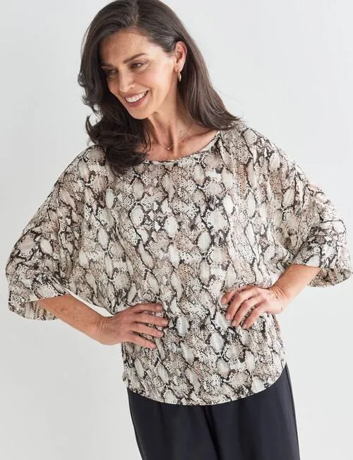 Ella J Snake Print Drapey Top, White