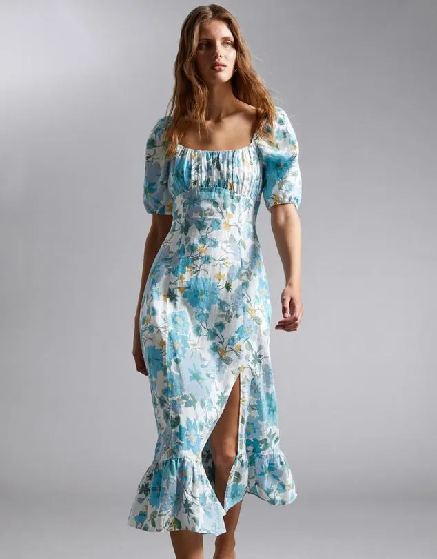Puff Sleeve Linen Midi Dress