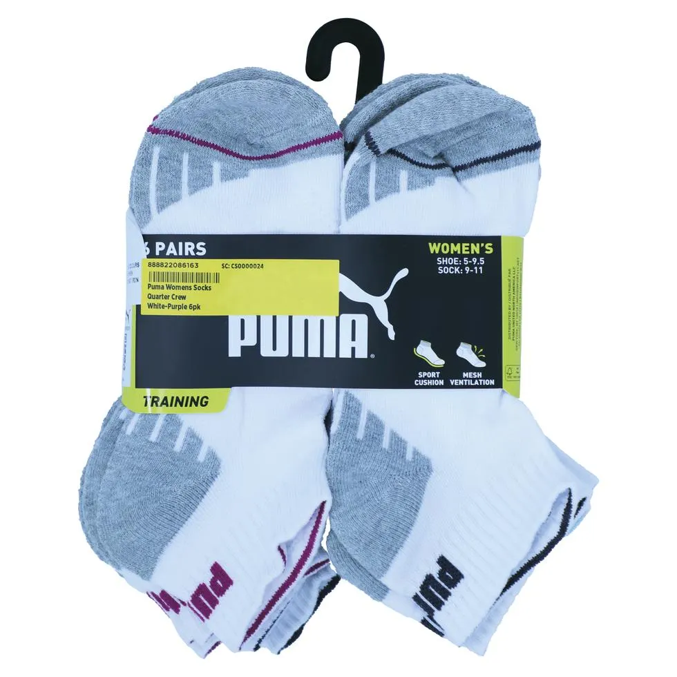 Puma Womens Socks Quarter Crew White-Purple 6pk