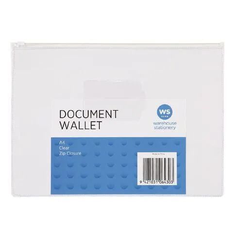 WS Zipper Document Wallet Clear A4