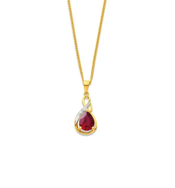 9ct Gold Created Ruby Pear Cut Twisted Pendant