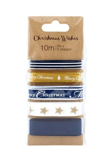Christmas Wishes Ribbon 10m Navy & Gold Pack of 5