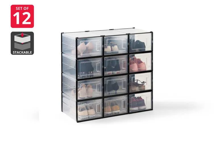 Ovela Set of 12 Click Shoe Storage Box (Medium, Clear/Black)