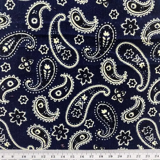 Printed Corduroy Fabric, Blue Paisley- Width 114cm