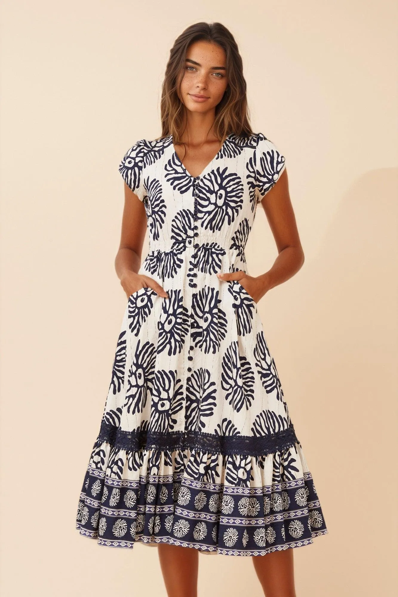 MOROCCO BORDER PRINT MIDI DRESS