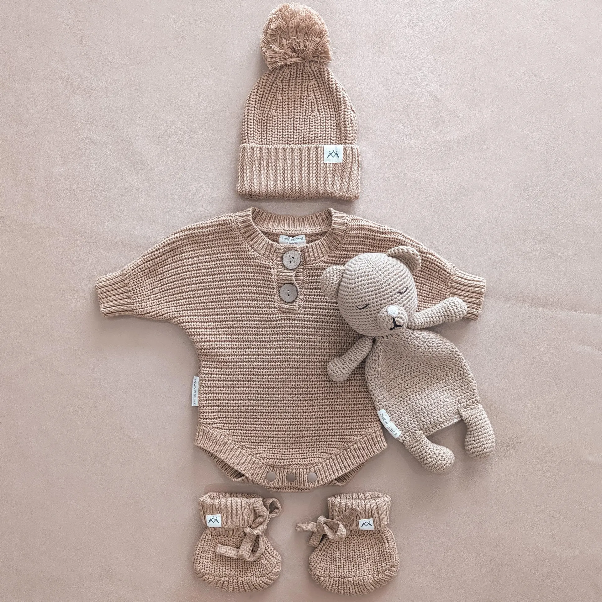 Textured Knit Bodysuit, Beanie & Booties & Cuddle Me Bear Bundle - Coco (PRE ORDER MID FEB)