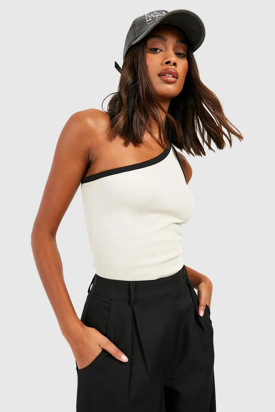 Premium Contrast Rib One Shoulder Top