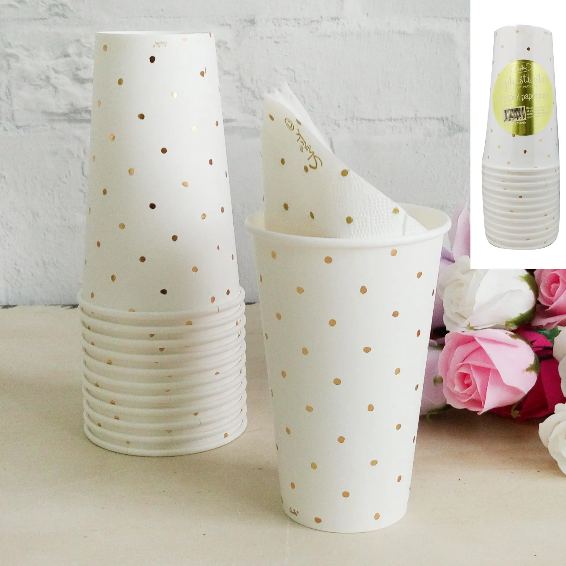 Metallic Gold Dotty Paper Cup 12pk 500ml