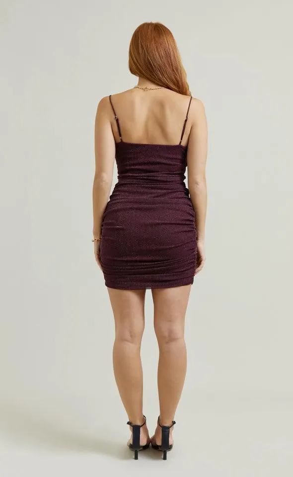 Glitter Mesh Cowl Ruched Dress