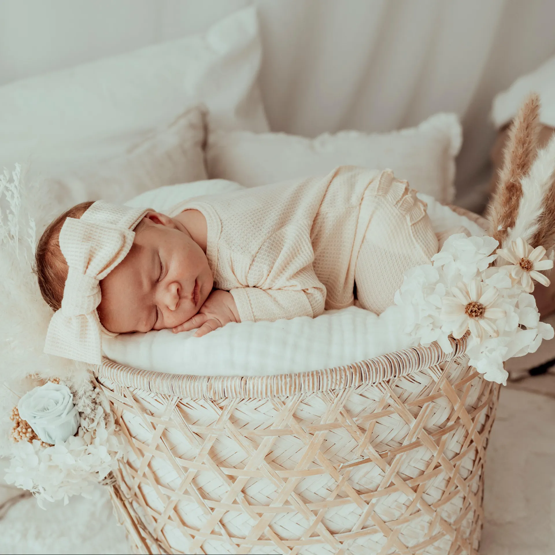 My First Outfit - Waffle Flutter Bum Footed Overalls & Topknot Set - Mellow Peach