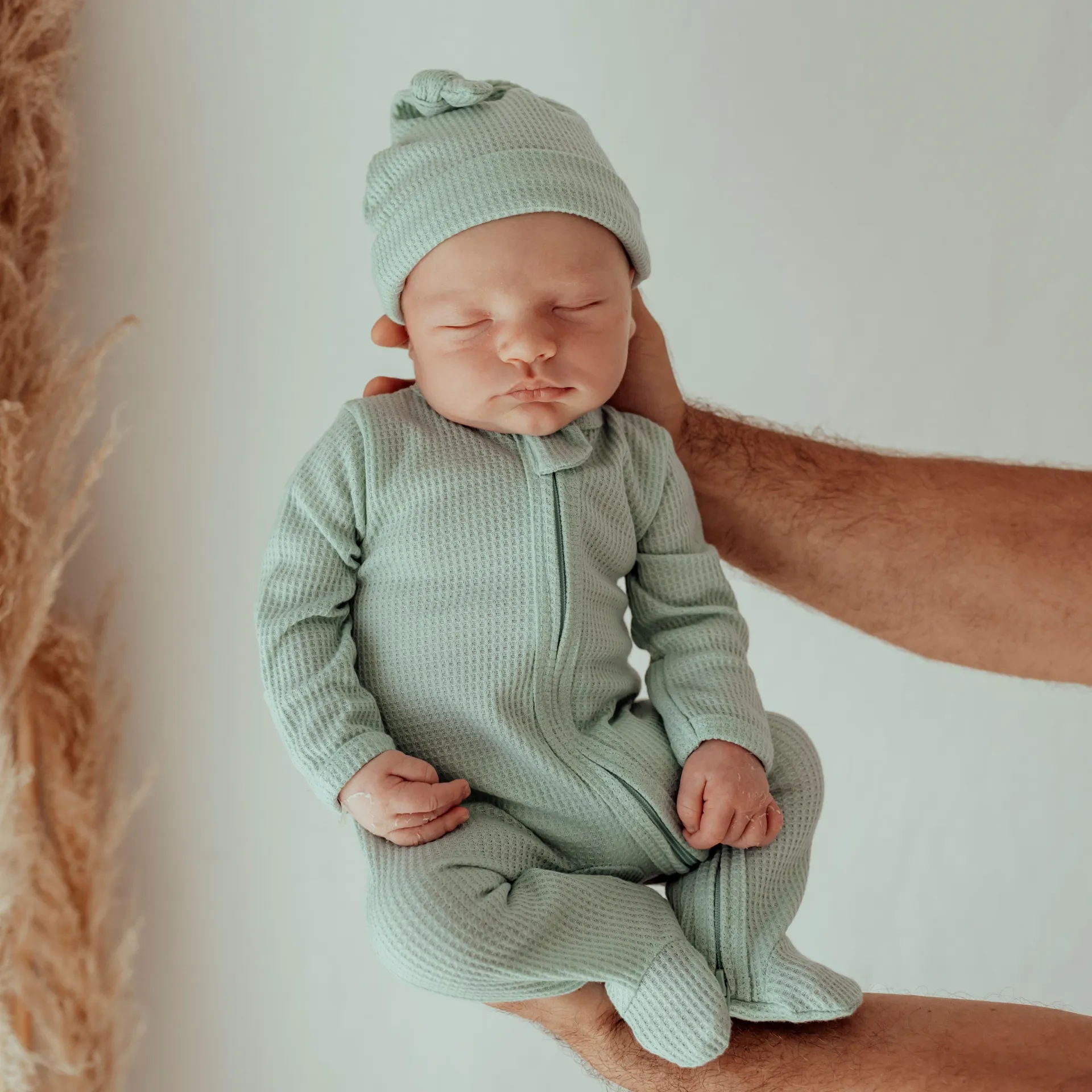 My First Outfit - Waffle Footed Overalls & Beanie Set - Spearmint
