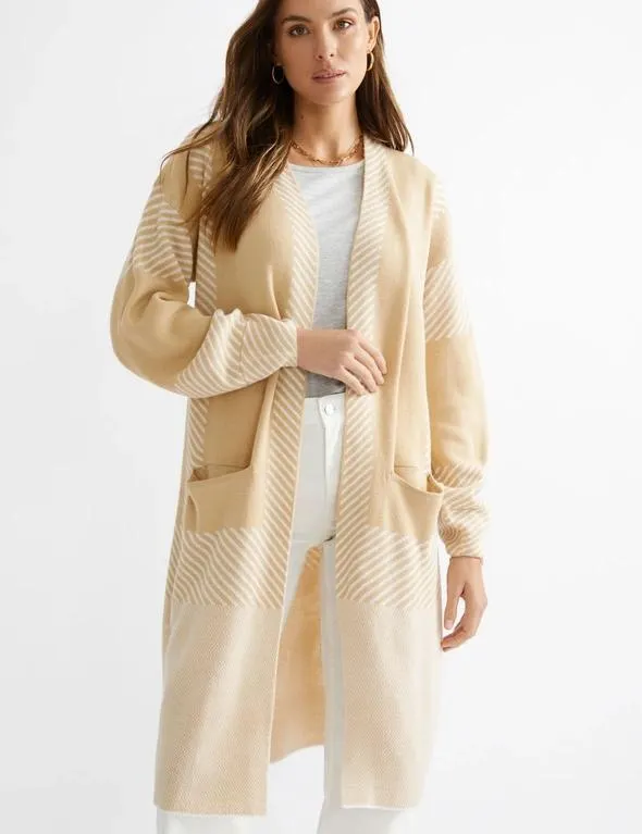 Katies Long Sleeve Edge To Edge Intarsia Designed Coatigan