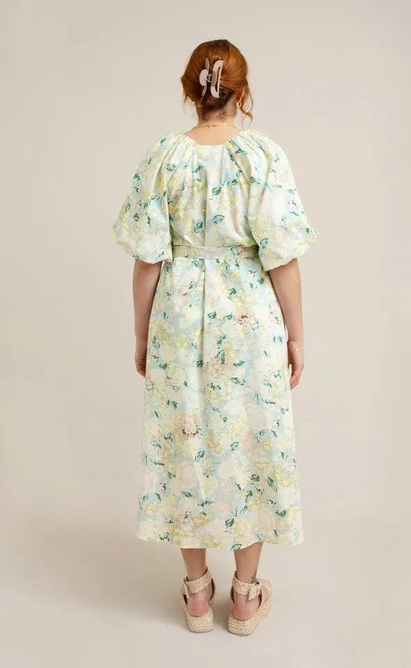 Poplin V Neck Puff Sleeve Dress
