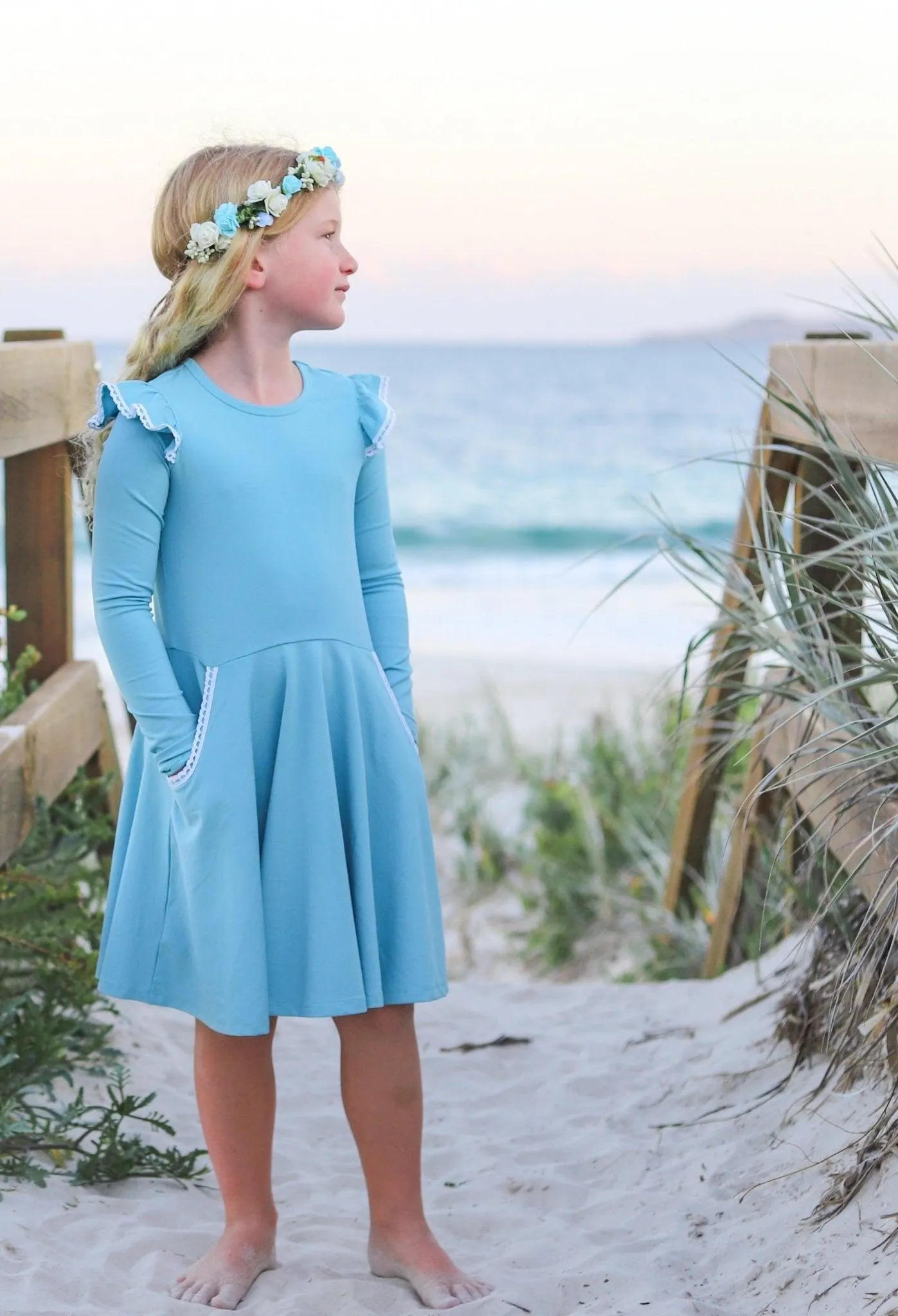 LONG SLEEVE TWIRLY GIRL DRESS - DUSTY BLUE