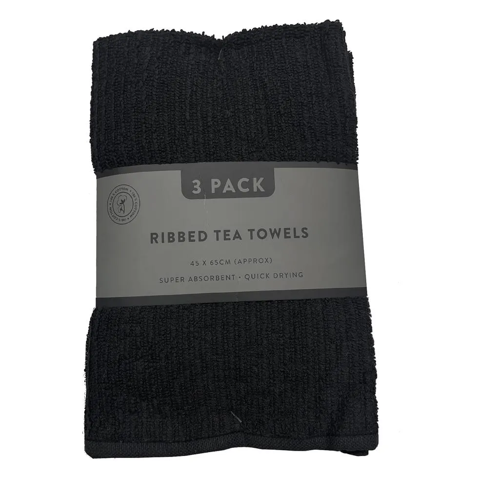 Ribbed Tea Towels Black 3pk