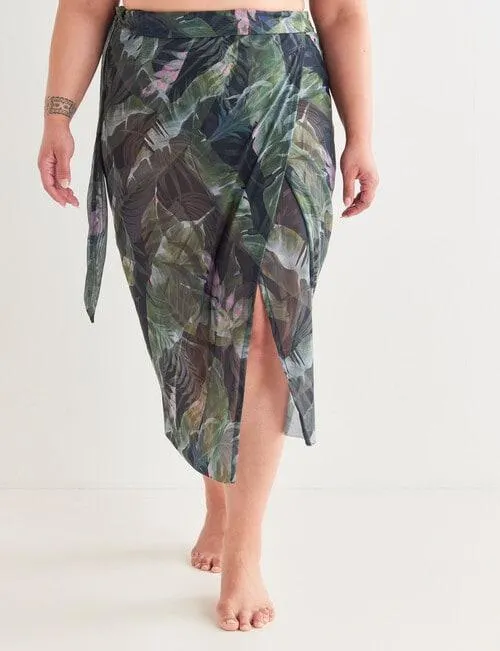 Zest Resort Curve Botanical Print Mesh Tie Sarong, Green