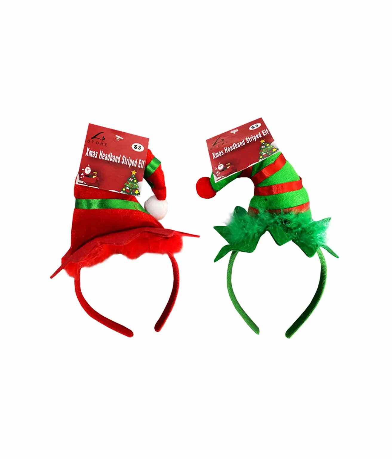 Red / Green Striped Style Christmas Elf Hat Headband Assorted