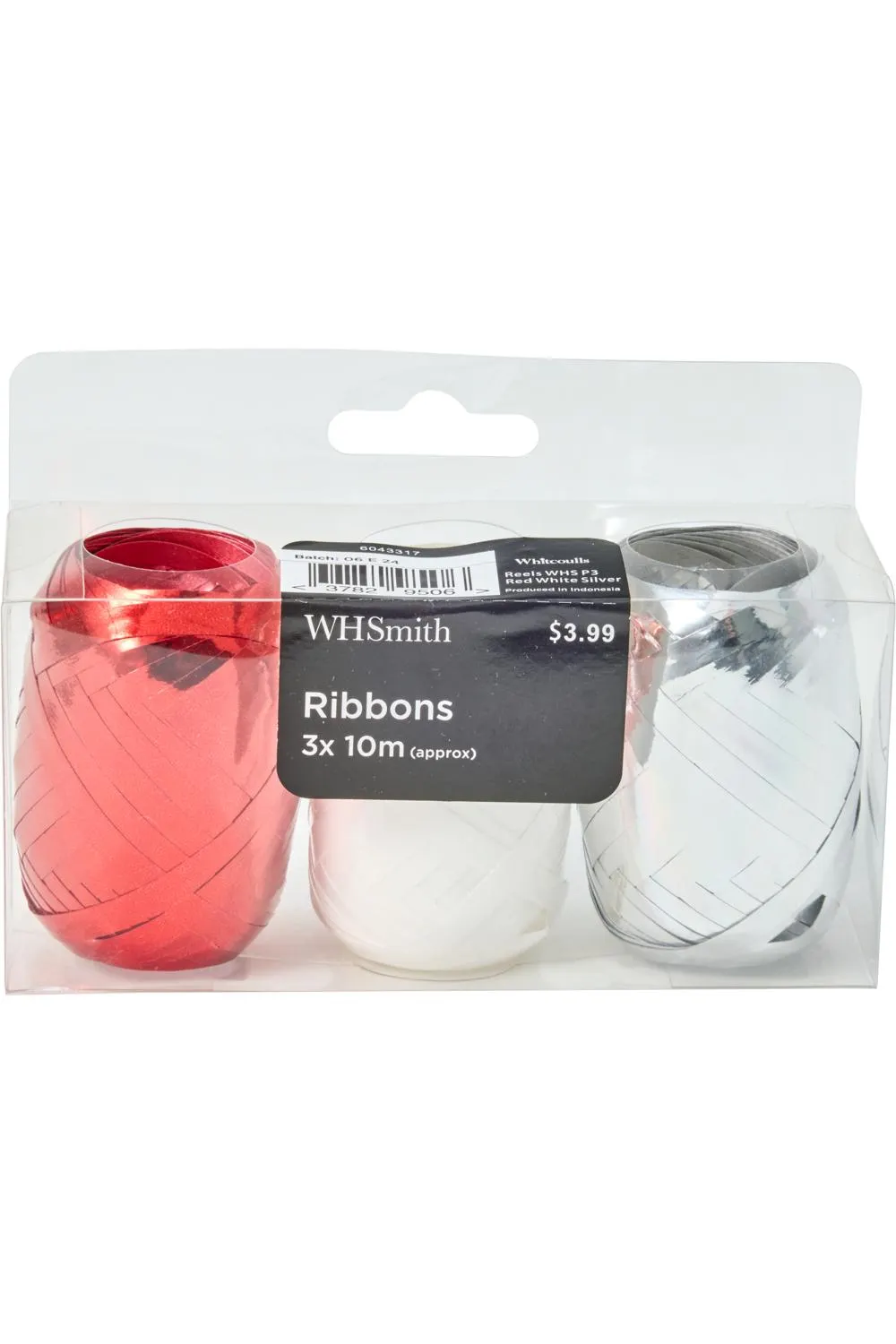 WHSmith Metallic-Effect Curling Ribbon Red, White & Silver Pack of 3