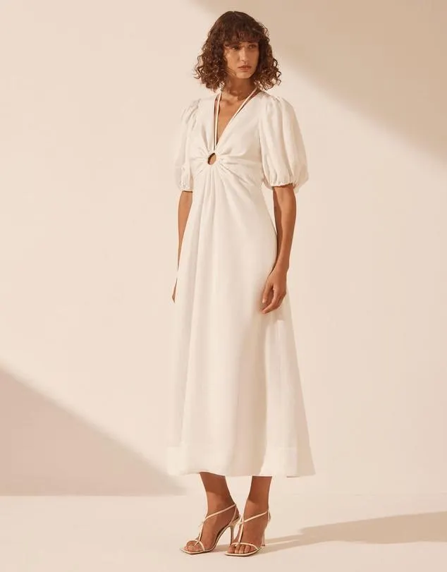Blanc Ruched Keyhole Midi Dress