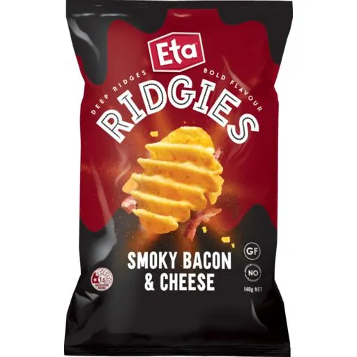 Eta Ripples Potato Chips Ridgies Smoky Bacon Cheese 140g