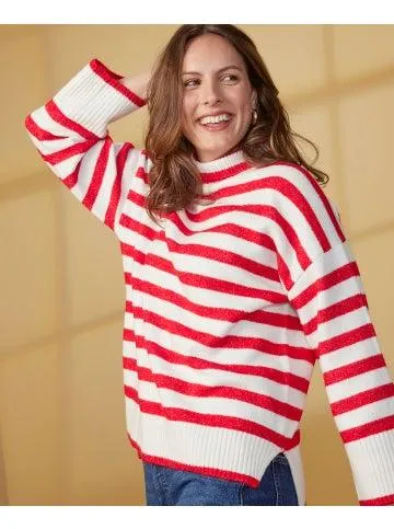 Women's Stripe High Neck Jumper in White/red