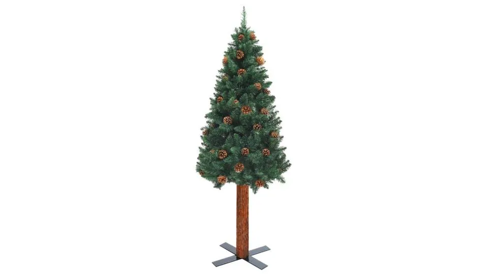 vidaXL PVC Slim Green Christmas Tree with Real Wood and Cones