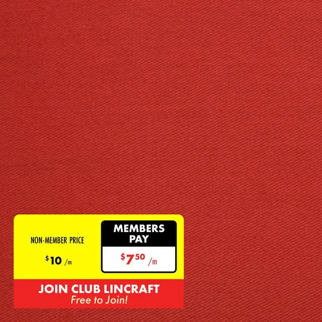 Cotton Chino Drill Fabric, Red- Width 112cm