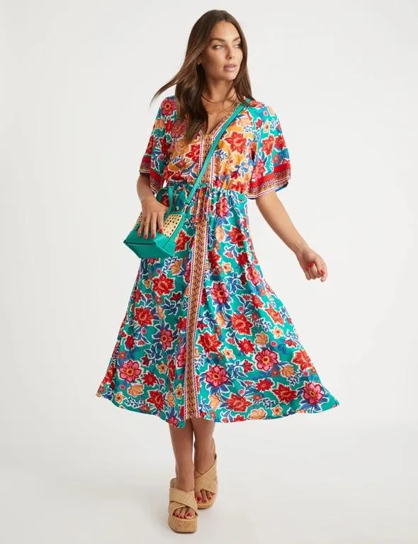 Rockmans Contrast Placket Ruffle Sleeve Dress